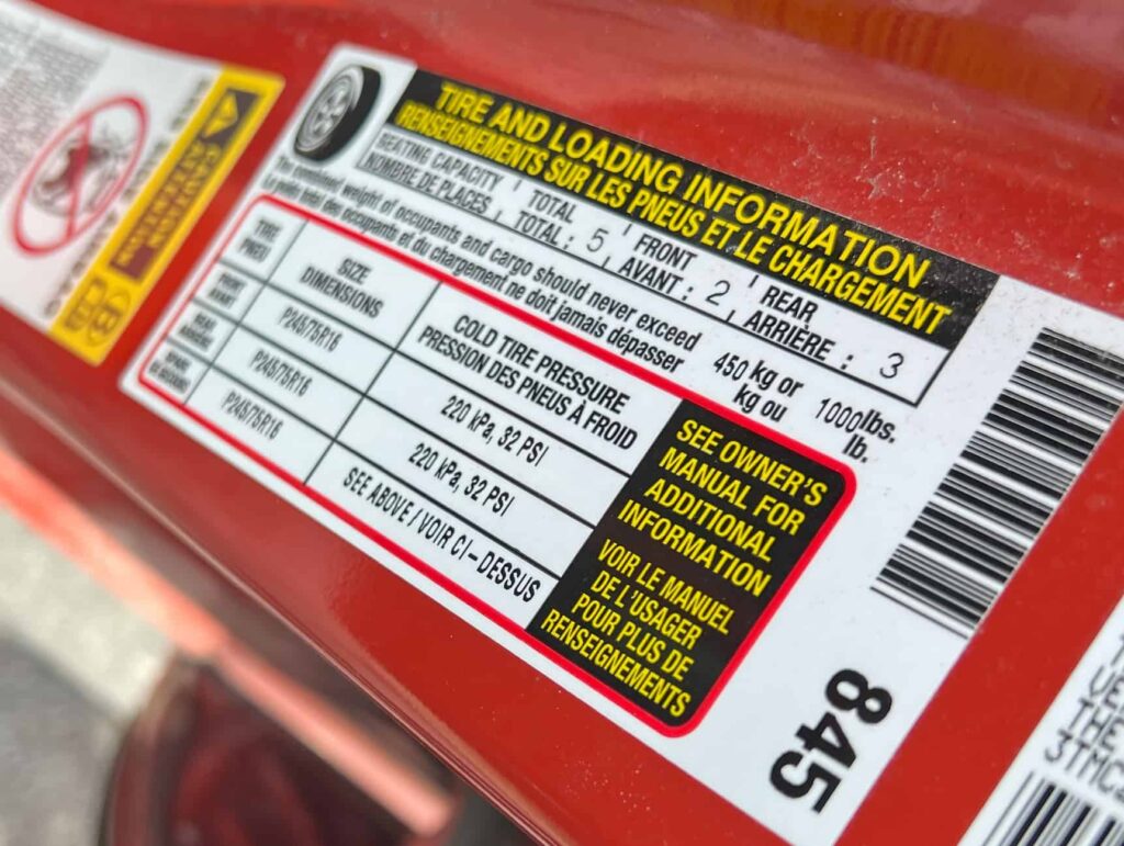 TOYOTA TACOMA TIRE PRESSURE DOOR LABEL