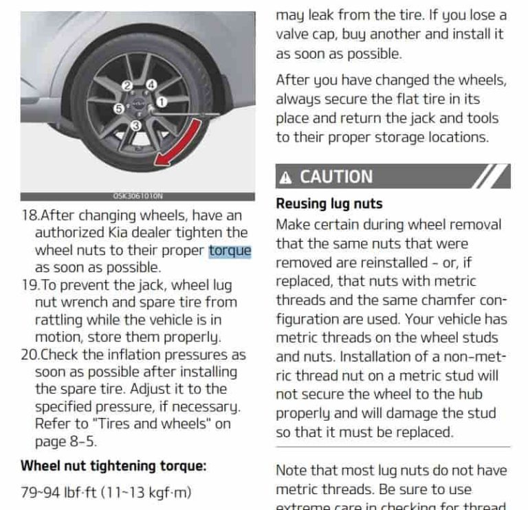 2022 KIA SOUL LUG NUT TORQUE