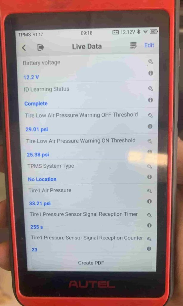 TPMS PROGRAMMING TOOL READINGS