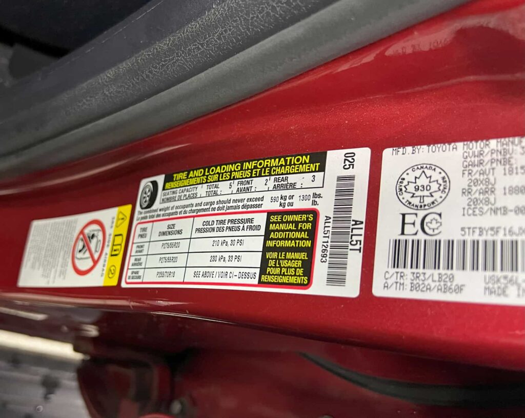 TOYOTA TUNDRA TIRE PRESSURE LABEL